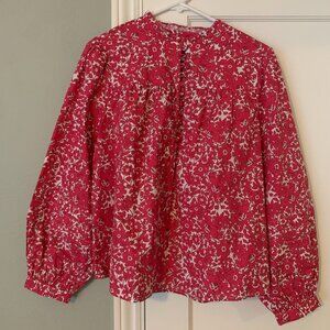 Women's J.Crew Size M Button-front Ruffleneck Popover in Blushing Meadow Cotton
